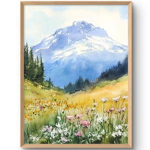 Impression d'art Mount Rainier, art mural montagne, affiche de l'état de Washington, prairie de fleurs sauvages, oeuvre d'art du parc national, décoration murale