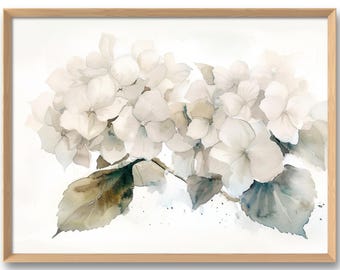 Impresión artística de hortensias blancas, arte botánico de pared, flores de jardín, estilo acuarela, decoración floral de pared, póster en tonos tierra