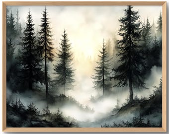 Pine Forest Watercolor Print Foggy Landscape Painting Misty Pine Trees Wall Art Earth Tone Print Calming Wall Decor Hiker Gift Large Poster