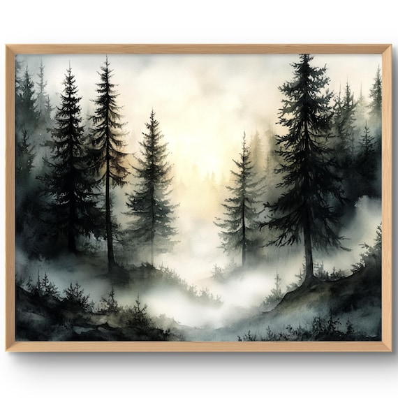 Pine Forest Art Print Foggy Landscape Misty Pine Trees Watercolor Style Wall Art Earth Tone Print Calming Wall Decor Hiker Gift Large Poster