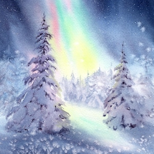 Impresión de acuarela de pinos, arte mural de auroras boreales, arte de bosque nevado, paisaje invernal, póster de aurora boreal a partir de pintura original