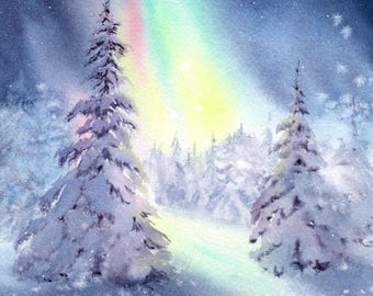 Lámina de acuarela de auroras boreales: Póster de paisaje invernal de bosque de pinos nevados, basado en una pintura original.