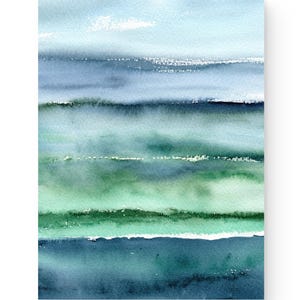 Impressão de arte em aquarela do oceano, pintura costeira azul esverdeada, paisagem marinha abstrata, arte de parede, decoração de casa de praia, pôster azul esverdeado de arte original