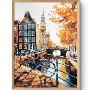 Amsterdam Art Print Holland Poster Niederlande Wand-Dekor Stadtansicht Wandkunst Aquarell Stil Herbst Amsterdam Reise-Plakat