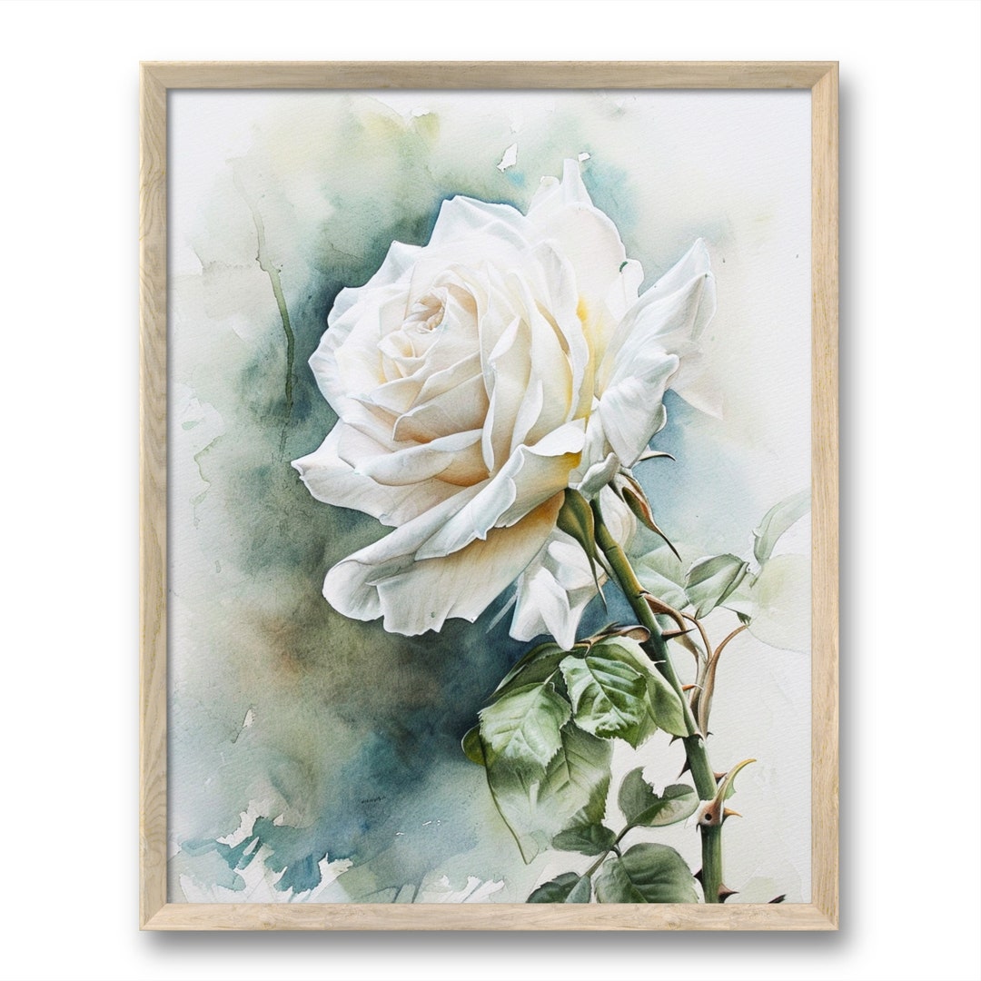 White Rose Art Print One Rose Wall Art Floral Watercolor Style Prints ...