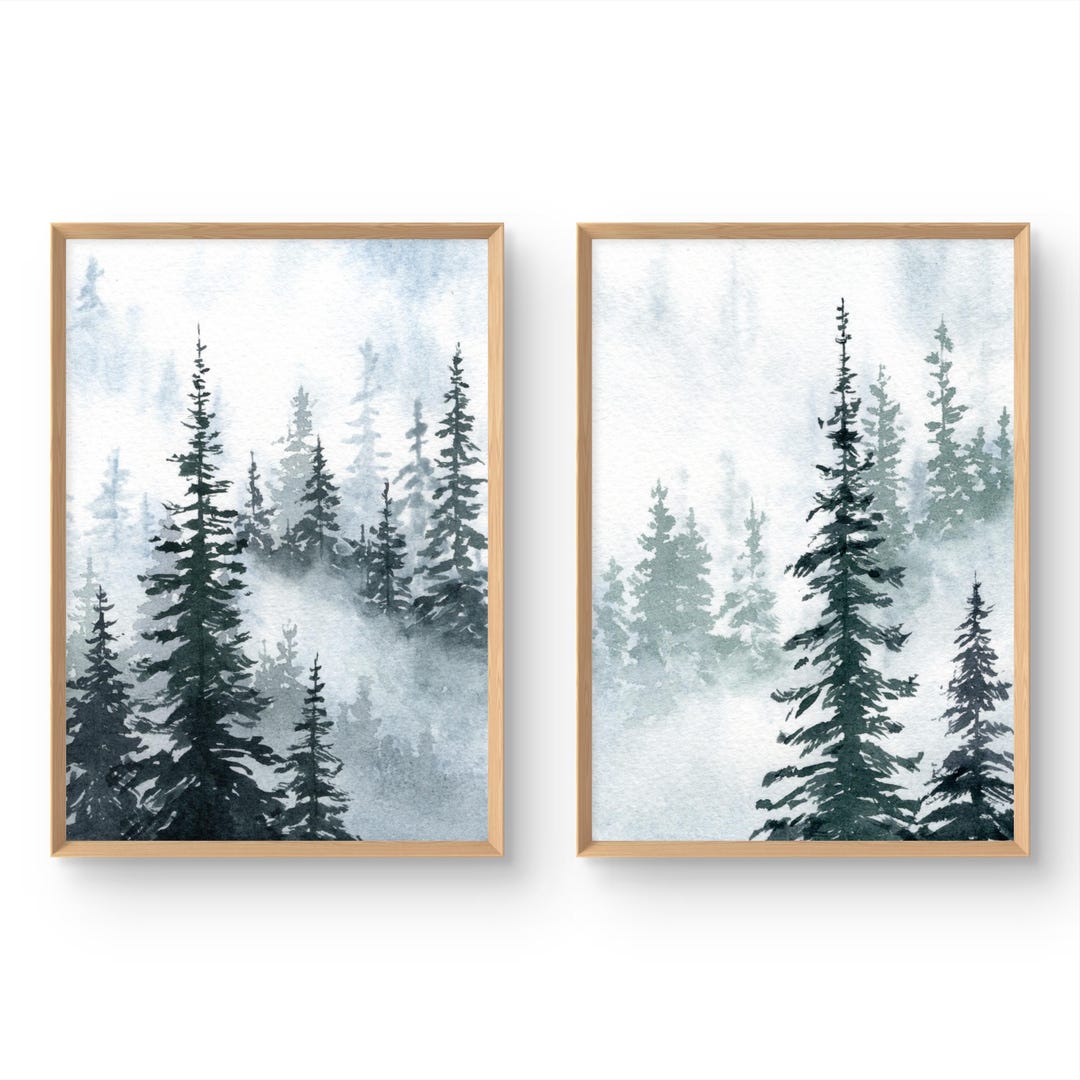 Foggy Forest Watercolor Prints Set of 2: Misty Pine Tree Landscape Wall ...