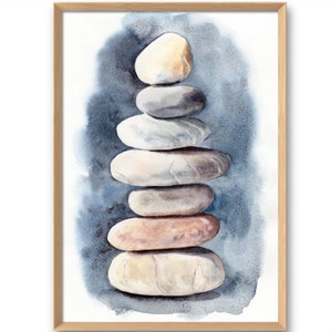 May include: A watercolor painting of a stack of smooth, gray and white stones, balanced on top of each other. The stones are painted in a realistic style, with subtle variations in color and texture. The background is a soft blue watercolor wash.