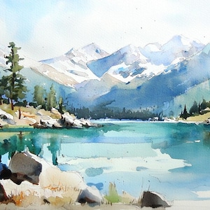 Könnte beinhalten: Ein Aquarellgemälde eines Bergsees mit schneebedeckten Gipfeln im Hintergrund. Der See ist in einem leuchtenden Türkisblau gehalten, die Berge in einem sanften Blau und Grün. Am Ufer des Sees stehen ein paar Bäume, im Vordergrund befinden sich einige Felsen.