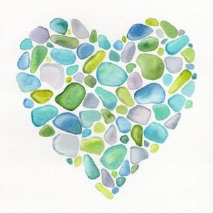 Sea Glass Heart Art Print: Coastal Wall Decor from Original Watercolor Painting