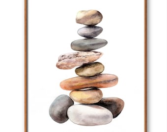 Stacked Stones Art, Earth Tone Print Balancing Stones Watercolor Poster, Cairn Art, Meditation Room Art Zen Wall Art from Original painting