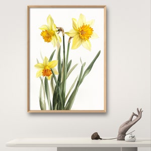 May include: A watercolor painting of three yellow daffodils with orange centers. The flowers are arranged in a bouquet with green leaves on a white background.