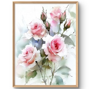 Impresión artística de rosas rosadas, decoración de pared de rosas, arte floral de pared, decoración romántica de estilo acuarela, impresión de flores de jardín, póster de gran tamaño estilo cottagecore