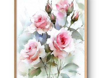 Pink Roses Art Print Romantic Floral Watercolor Style Wall Decor