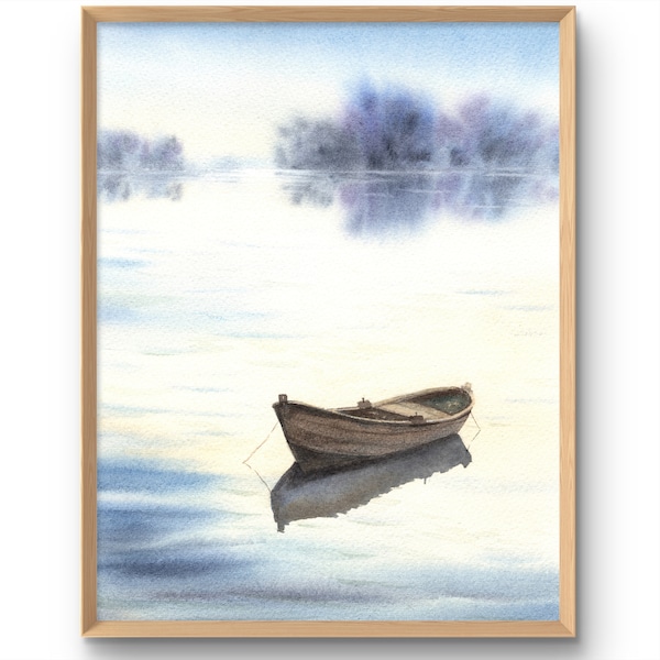 Row Boat Print Original Painting Lake Wall Art, Calm Landscape Poster Watercolor Art Print, Boat Original Painting by Tatiana Agureeva