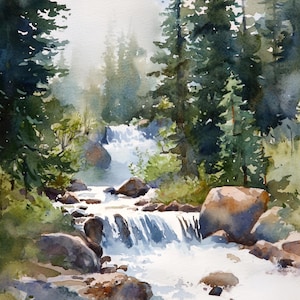 Wald Wasserfall Malerei Kiefer Bäume Aquarell Kunstdruck immergrüner Wald Landschaft Natur Wand Kunst Wald Wand-Dekor Wasserfall Poster