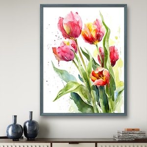 Röda tulpaner konsttryck blommig väggkonst tulpandekor akvarell stil röda blommor stor väggkonst vårblommor poster botanisk väggdekor bild 3