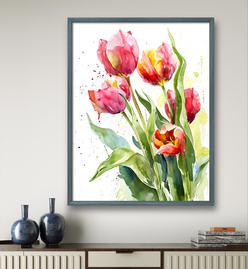 Röda tulpaner konsttryck blommig väggkonst tulpandekor akvarell stil röda blommor stor väggkonst vårblommor poster botanisk väggdekor bild 3