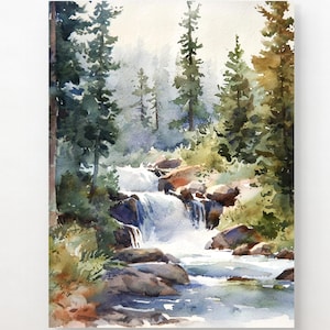 May include: Watercolor painting of a cascading waterfall in a forest setting. The water flows over rocks and through a lush green forest with tall pine trees.