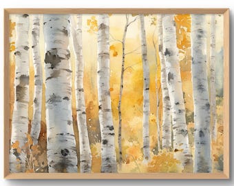 May include: Watercolor painting of a birch tree forest with white bark and yellow leaves in the background.