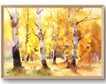 白樺の木の絵 アスペンの木の水彩画 コロラドの森の壁画 秋の風景画