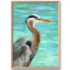 Stampa artistica di airone azzurro, dipinto di uccello costiero, airone azzurro maggiore, opera d&#39;arte murale di uccelli, poster di airone da dipinto a olio originale