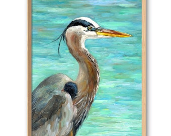 Blue Heron Art Print Coastal Bird Painting Great Blue Heron Wall Art from Original Oil Artwork