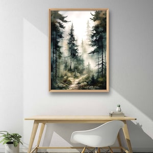 May include: A watercolor painting of a forest path leading into a misty, green forest. The path is lined with tall pine trees and the light shines through the trees.