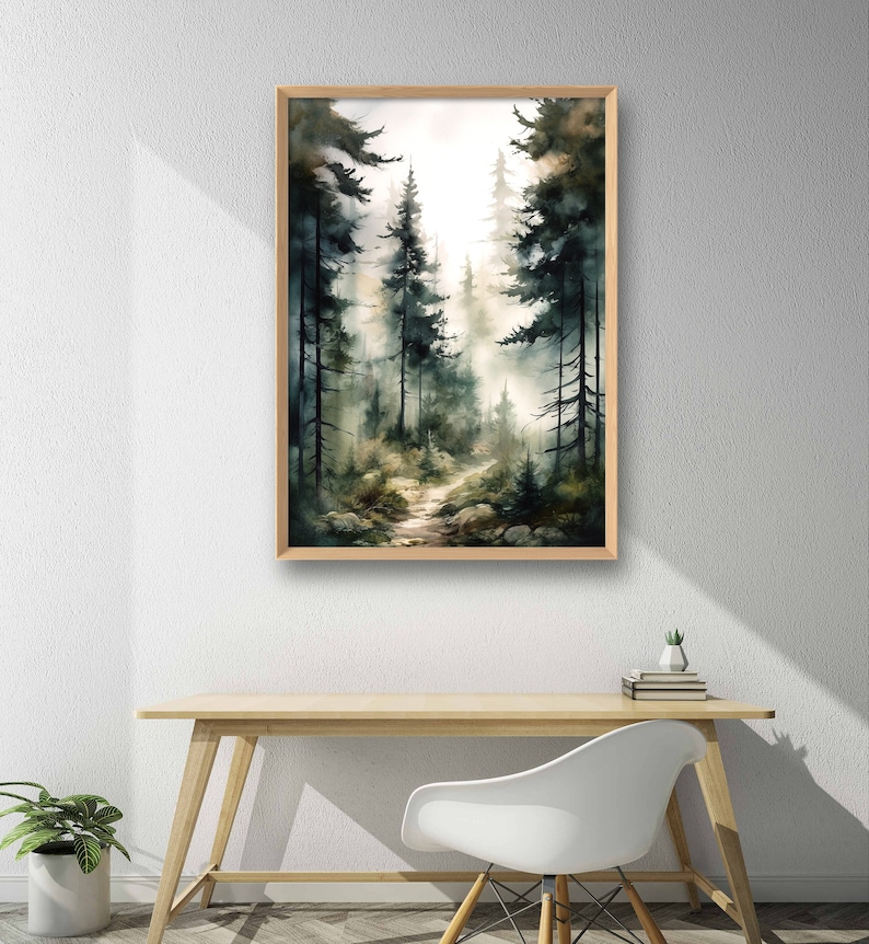 May include: A watercolor painting of a forest path leading into a misty, green forest. The path is lined with tall pine trees and the light shines through the trees.