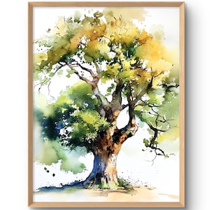 May include: Watercolor painting of a large tree with green and yellow leaves. The tree is painted in a realistic style with a white background.