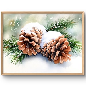 Pine Cone Art Print Evergreen Tree Wall Art Woodland Wall Decor Pine Cone in Snow Poster Watercolor Style Nordic Wall Art Christmas Print