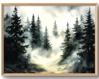 Impresión artística de bosque brumoso, pinos, arte de pared, paisaje brumoso, decoración, naturaleza relajante, póster estilo acuarela