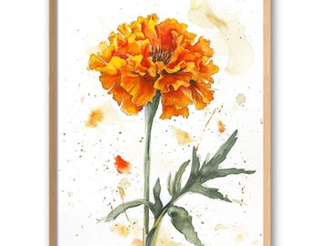 Impresión artística de caléndula, arte de pared floral, estilo acuarela, arte de pared de caléndula, flores naranjas, póster grande, decoración de pared botánica