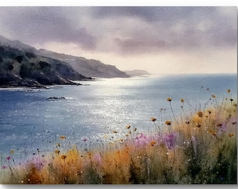 Irish Coastline Art Print Seascape Atlantic Ocean View Watercolor Style Wall Decor