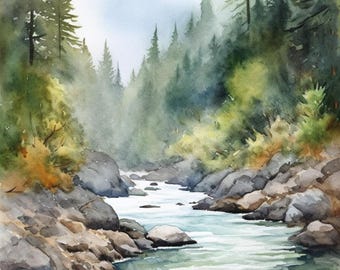 サーモン川アートプリント 山川水彩画 アイダホ風景 ウォールアート