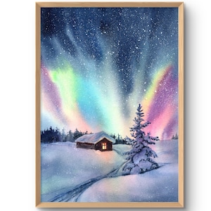 Nordlichter Druck Wanddekor Aurora Borealis Wand Kunst Weihnachtsbaum Poster Winter Haus Druck von der ORIGINAL Aquarellmalerei