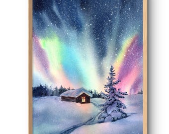 Impresión artística de la aurora boreal en acuarela, arte mural de la aurora boreal, decoración de la casa de invierno a partir de una pintura original.