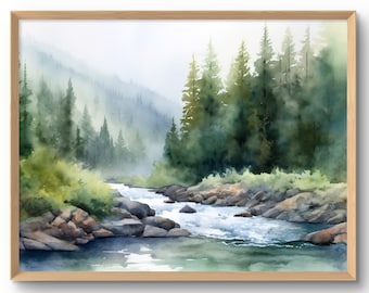 サーモン川アートプリント 山川 水彩画スタイル アイダホ風景 ウォールアート 常緑樹林装飾 松の木 ポスター
