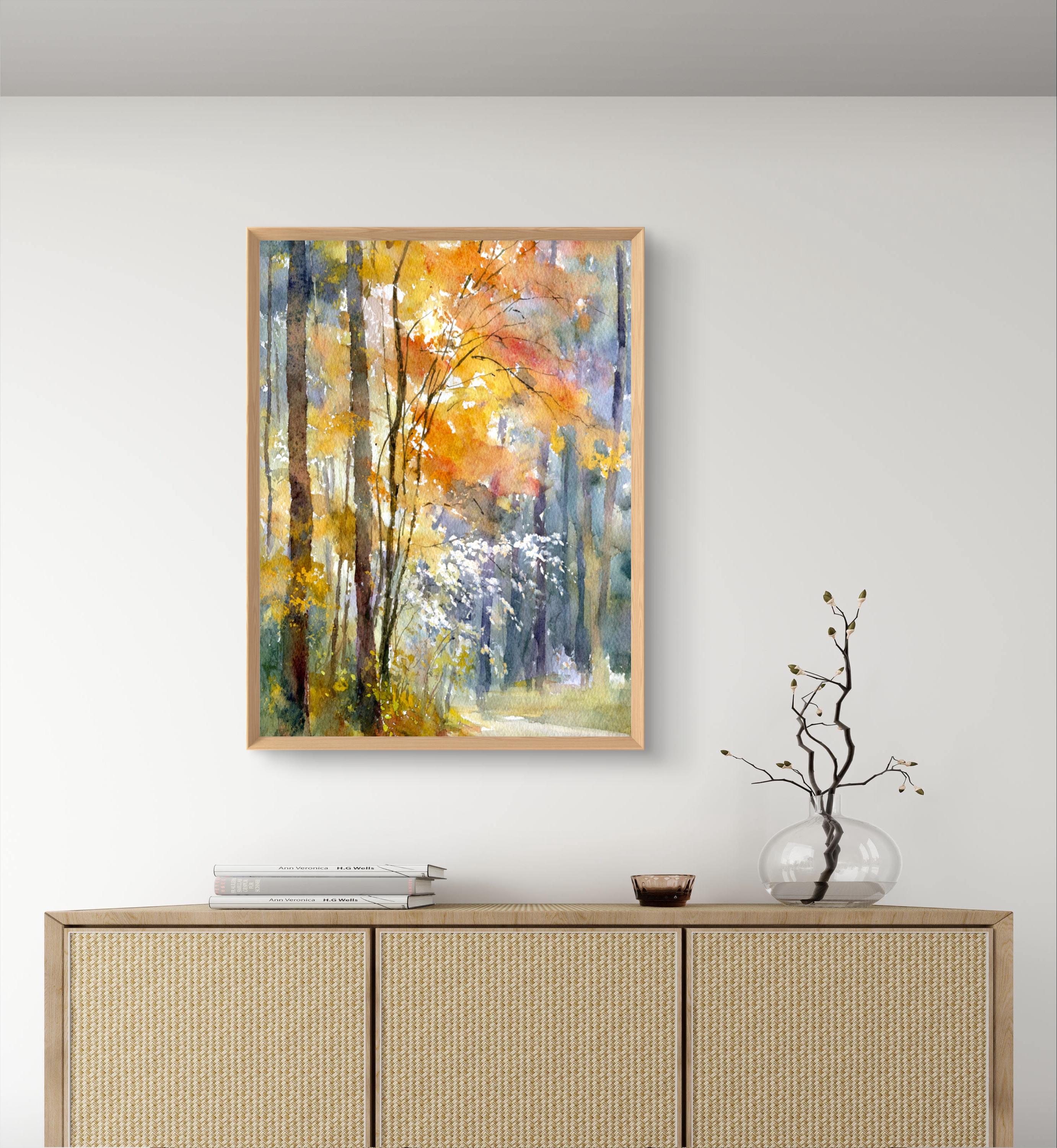 Autumn Forest Art Print Golden Leaves Watercolor Style Fall Trees Wall ...