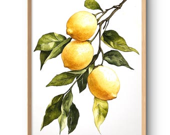 Lemon Art Print Botanical Watercolor Style Poster Yellow Branch Lemons Fruit Kitchen Wall Decor