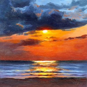 Impresión artística de puesta de sol, arte mural oceánico, obra de arte de paisaje marino, arte mural costero, decoración de pared de casa de playa, póster de mar a partir de pintura al óleo original