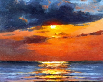 Sunset Fine Art Print Ocean Wall Art Seascape Artwork Coastal Beach House Decor Sea Poster from Original Oil Painting