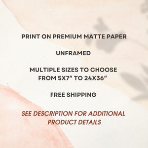 May include: Text on a pink and peach background that reads: "Print on premium matte paper, Unframed, Multiple sizes to choose from 5x7" to 24x36", Free shipping, See description for additional product details."
