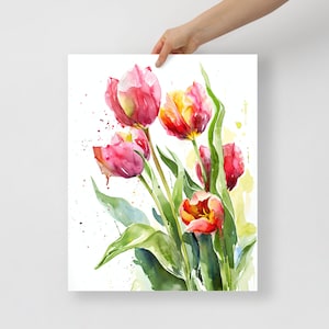 Röda tulpaner konsttryck blommig väggkonst tulpandekor akvarell stil röda blommor stor väggkonst vårblommor poster botanisk väggdekor bild 2