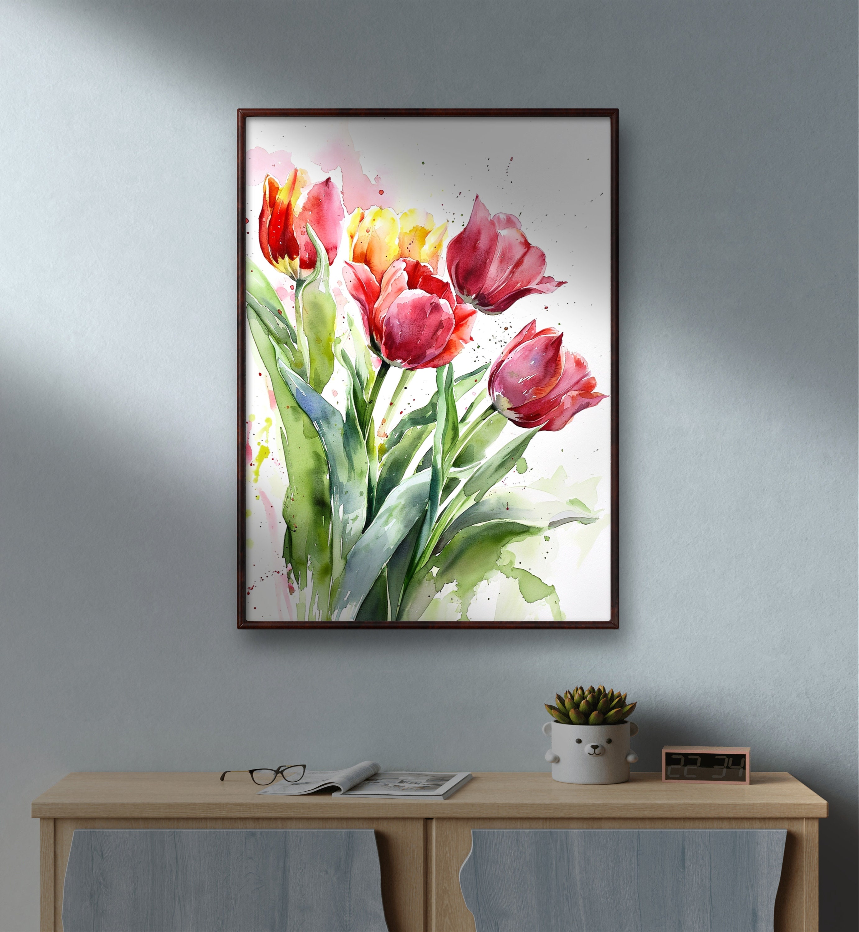 Tulip Art Print Spring Wall Art Red Tulips Watercolor Style Poster ...