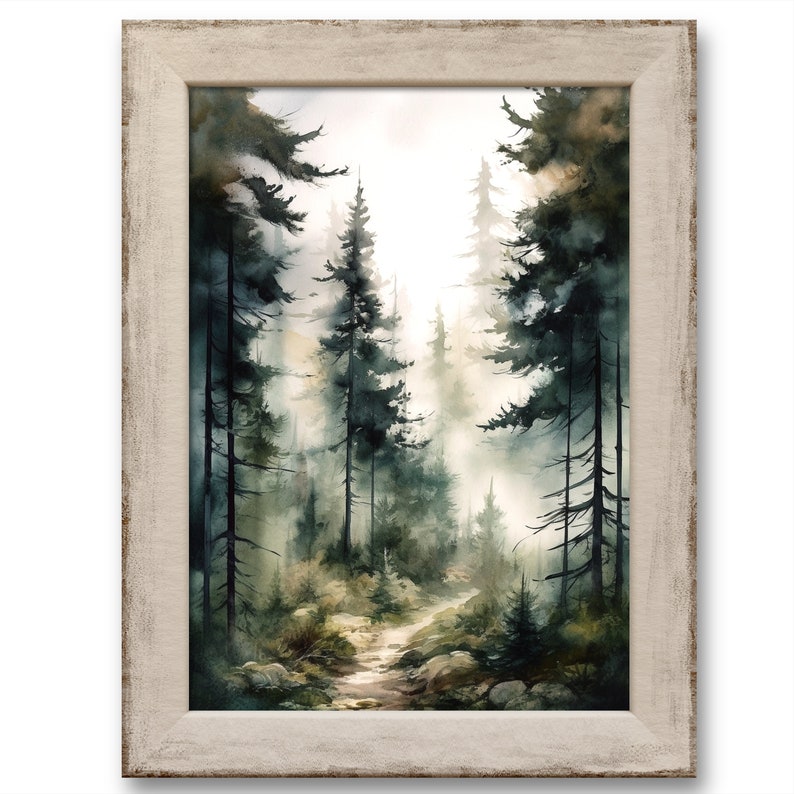 May include: A watercolor painting of a forest path leading into a misty, green forest. The trees are tall and slender, and the light is soft and diffused. The path is lined with rocks and foliage.