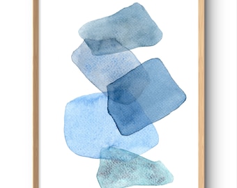 Blauwe aquarel print minimalistische muur kunst indigo abstractie schilderij blauwe vlekken Boho decor grote marine poster esthetische zen muurkunst