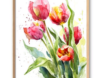 Röda tulpaner konsttryck blommig väggkonst tulpandekor akvarell stil röda blommor stor väggkonst vårblommor poster botanisk väggdekor