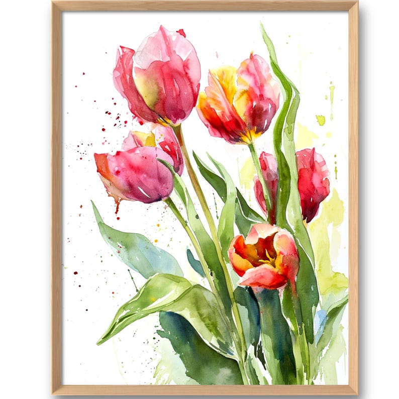 Watercolor painting of a bouquet of pink and yellow tulips with green leaves and stems. The background is a light yellow with white splatters.