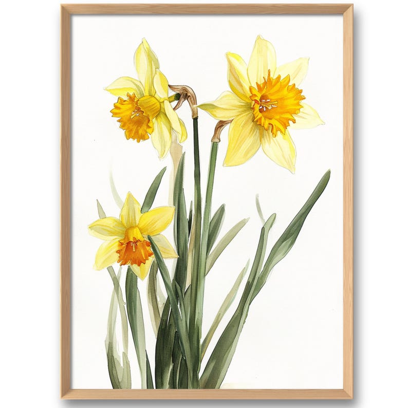 May include: A watercolor painting of three yellow daffodils with orange centers. The flowers are arranged in a bouquet with green stems and leaves.
