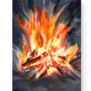 絵画「初冬の森の焚火」 group-around-bonfire-